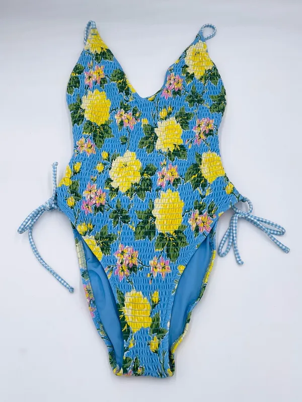 Aerie Smocked Plunge One Piece Swimsuit Size Small Blue Yellow Floral Beachy - Image 5