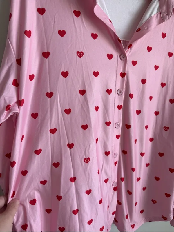 Pink Red Heart Print Matching Pajama Set Button Down Wide Leg Pants Size Medium - Image 5