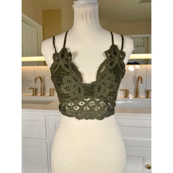 Anemone Lace Bralette Womens Medium Olive Green Boho Smocked Back Lined Strappy - Image 3