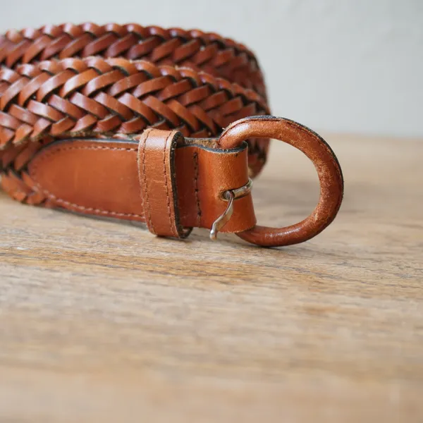 Vintage Tan Brown Braided Woven Genuine Leather Belt Round Buckle Size 30 - Image 2