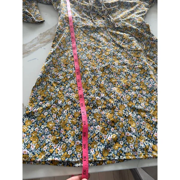 Lush Floral Mini Dress Teal Mustard Puffed Long Sleeve Sweetheart Tie XS‎ - Image 6