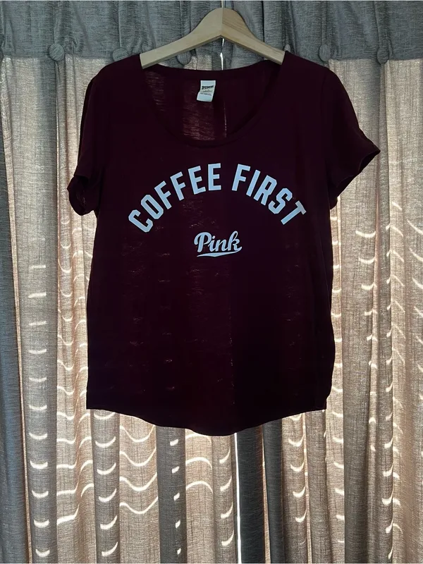 Y2K PINK Victoria's Secret Women's 'Coffee First' Deep Wine Tee Size Large - Image 2