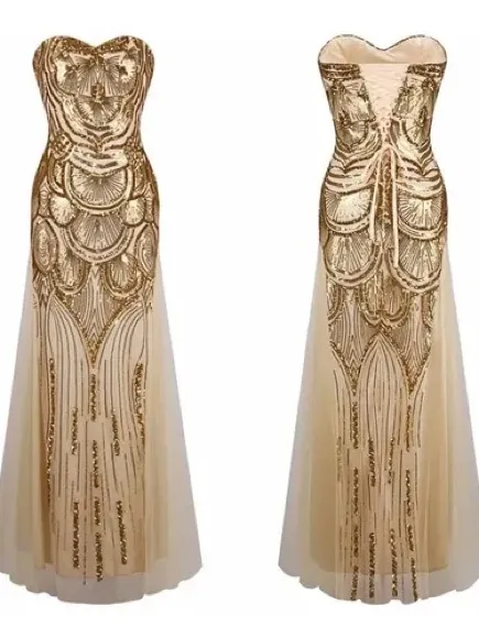 Strapless Gold Sequin Evening Column Dress Size L - Image 2