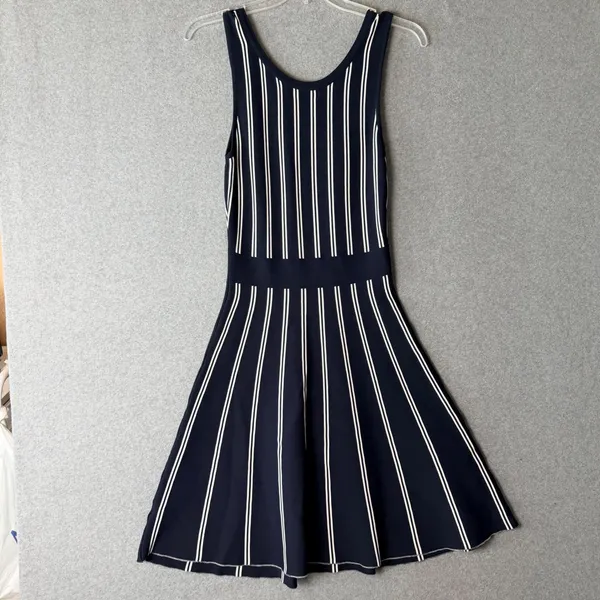 Magia USA Navy Blue White‎ Striped Knit Fit Flare Midi Dress Sleeveless Large - Image 3