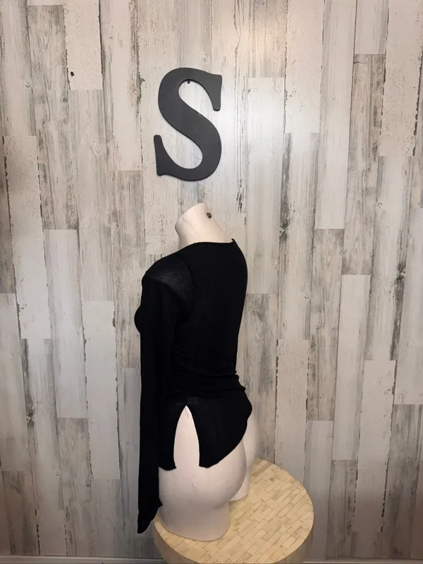ZARA Asymmetric Cutout Ruched Long Sleeve Top Womens S Black Shimmer Sheer - Image 2
