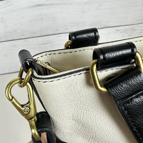 FOSSIL Amelia Bucket Purse Brown/Cream Two-Toned Leather Crossbody‎ Boho Western - Image 9