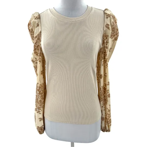 Anthropologie Dolan Lace Puff-Sleeve Top Sz S tan‎ - Image 4