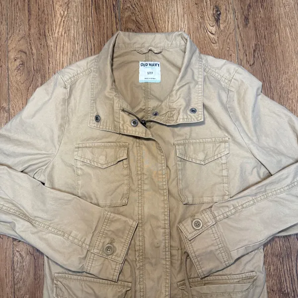Old Navy Tan Utility Jacket Military Style Pockets 100%‎ Cotton Womens Small - Image 2