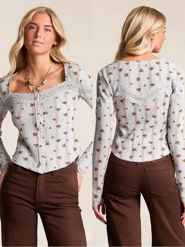 Free People Lets Party Floral Lace Trim Cotton Cardi Boho Cottagecore Sz Med 💛🍄 - Image 2