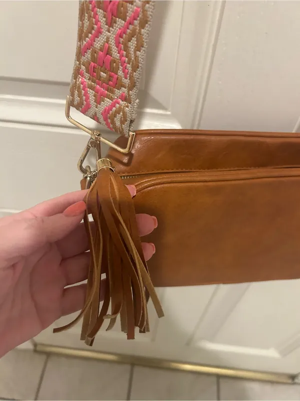 Tan Crossbody Camera Bag with Pink Patterned Strap and Tassel - Image 2