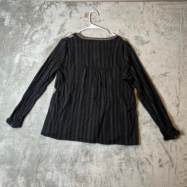 J Jill Sz Medium Embellished Crinkle‎ Peasant Split V-Neck Blouse Boho Black Tan - Image 5