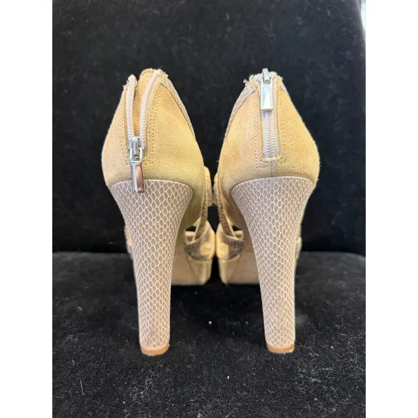 White House Black Market Snakeskin Suede Platform Peep Toe Heels Tan‎ Size 8.5 - Image 2