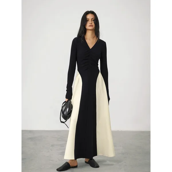 Commense Elegant Contrast Black Cream V-Neck Panel Pleated Long Sleeve Maxi XS - Image 6
