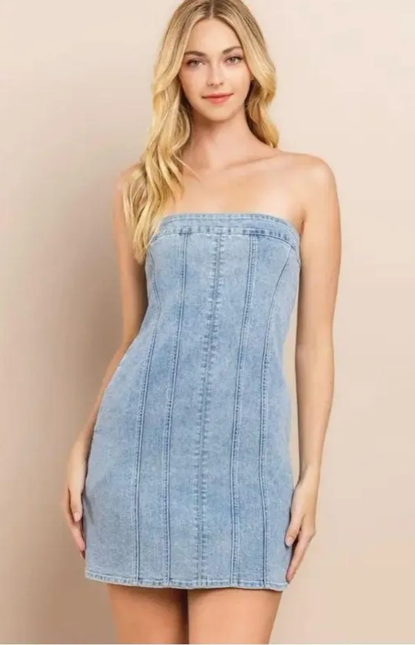 Asos Strapless Denim Mini Dress With Slit Hem - Image 12