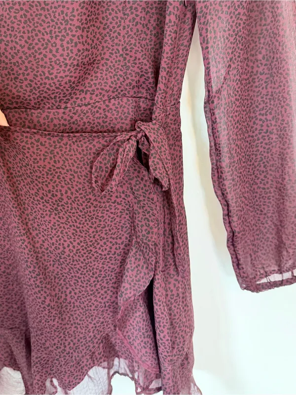Abercrombie & Fitch Burgundy Long-Sleeve Wrap Mini Dress - Size: Extra Small - Image 7