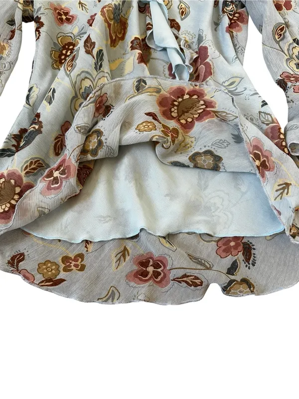 Y2K Light Blue Floral Ruffle Top Bell Sleeves Ethereal Feminine Romantic Boho - Image 6