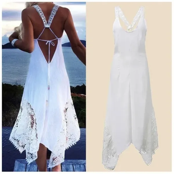 Sleeveless Beach Dress Crocheted Lace Straps Sz S Asymmetric Grad Ethereal Bride - Image 2