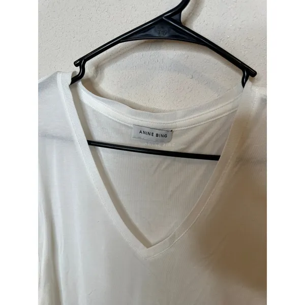 Anine Bing Lili V-Neck‎ Tee White Micromodal Cashmere Blend Short Sleeve Small - Image 2