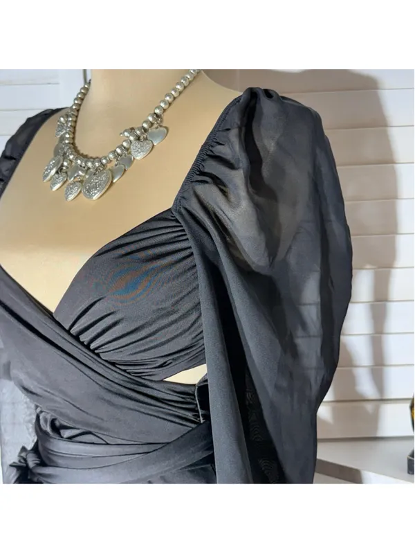 Lucy in the Sky black mini dress puff sheer sleeve plunge V cocktail homecoming - Image 6