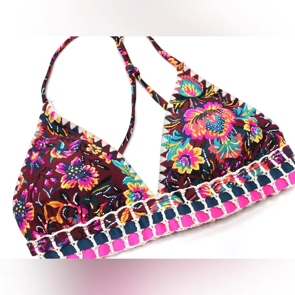 Xhilaration | Burgundy/Pink Multi Boho Floral Print Triangle Bikini Top - Image 2