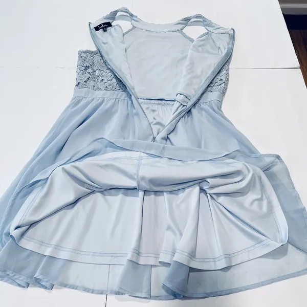 Lulus‎ Lover's Game Baby Blue Lace Chiffon Halter Skater Dress XL - Image 8