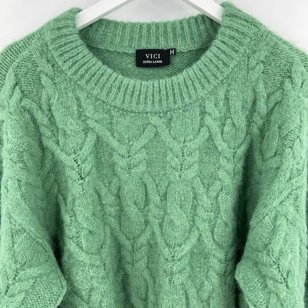 Vici Siarah Green Cable Knit Sweater Women's XL Crew Neck Ribbed Cozy Oversized‎ - Image 4