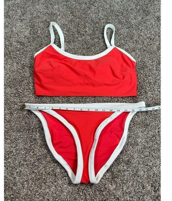 aerie bikini swim set red white ribbed scoop neck longline matching set L - Image 4