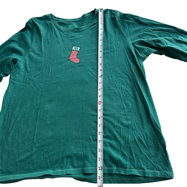 Life Is Good T Shirt Top Large Christmas‎ Stocking Green LS Heart Holiday Party - Image 7