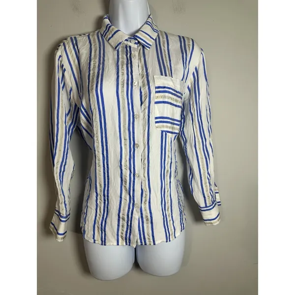 Cotélac Acoté Blue & Gold Striped Button Down Blouse French Designer Size XS/S‎ - Image 3