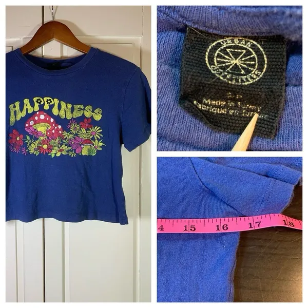 Urban Outfitters Boho Crop Mushroom Print Happiness T Shirt Women Small Hippie‎ - Image 2