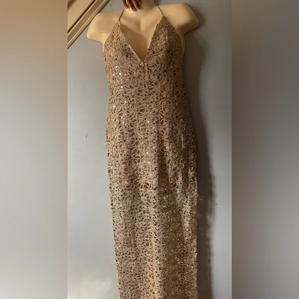 Forever 21 Stunning lace embroidered open back Gold dress with sequin sz medium NWOT - Image 3