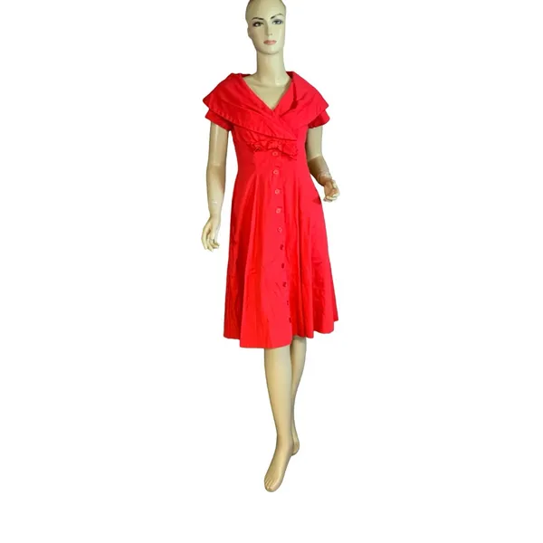 Vintage 1950'S Handmade Square Pattern Red Cotton Day Dress (S) - Image 3