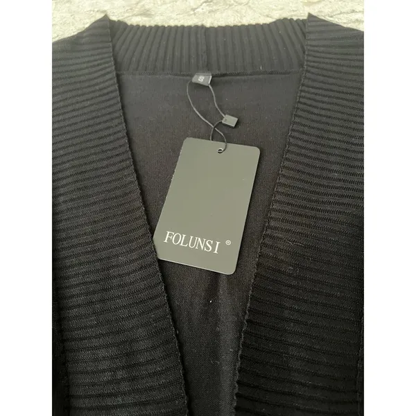 Womens Black Open‎ Front Cardigan Sweater Ribbed Trim Pockets Minimalist Small - Image 5