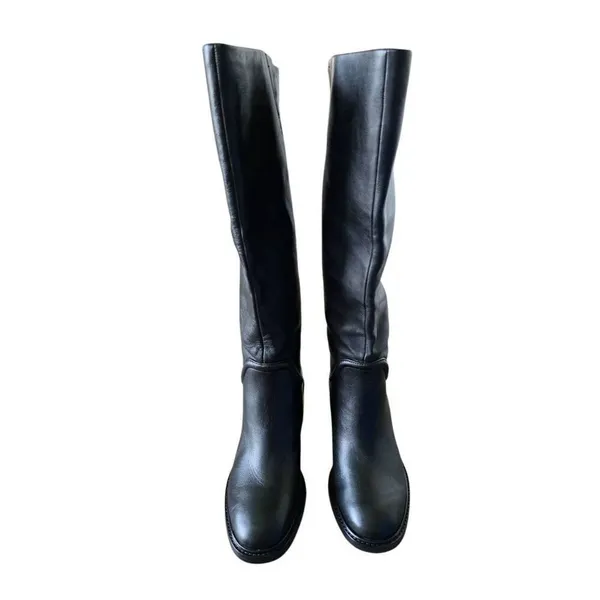 Vince Leather Tall Boots Black Block Heel Size 6 Almond‎ Toe NEW - Image 5