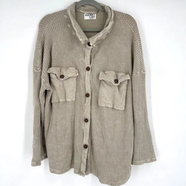 Bucket List Thermal Waffle Henley oversized‎ size medium Tan Boho Streetwear - Image 3