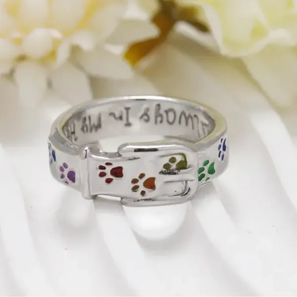 Women’s White Gold Colorful Paw Print “Always in My Heart” Engraved Ring Size 6 - Image 5