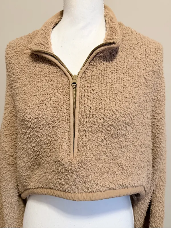 SKIMS Teddy Fleece Quarter Zip Cropped Pullover Beige Cozy Lounge Top L XL - Image 6