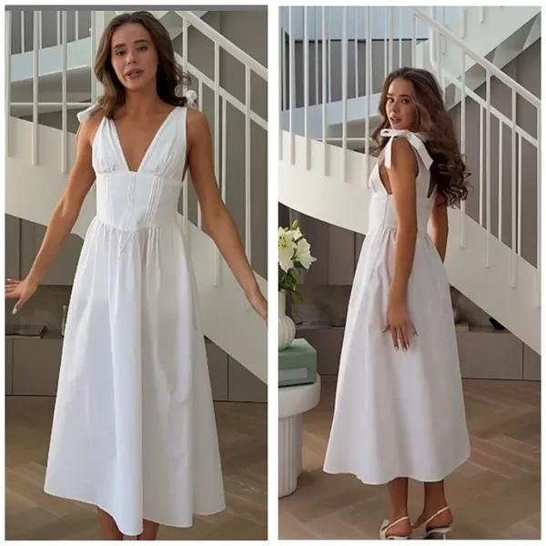 Zara White Poplin Tie Strap Midi Dress Large Milkmaid Corset Drop Waist 0881/334 - Image 3