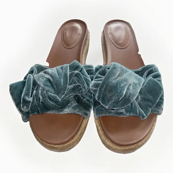 Zara Woman Teal Blue Velvet Knotted Bow Espadrille Slide Sandals Size 39 EU - Image 2