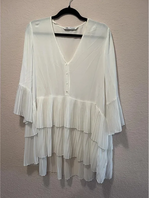 Zara‎ White Pleated Tiered Tunic Blouse Size M - Image 3