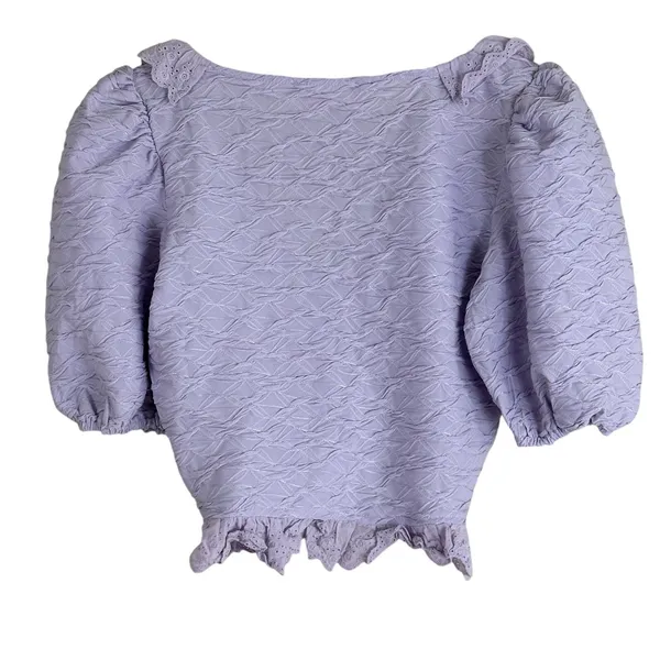 American Threads Coquette Puff Sleeve Crop Top Purple Ruffle Textured V-Neck S - Image 3