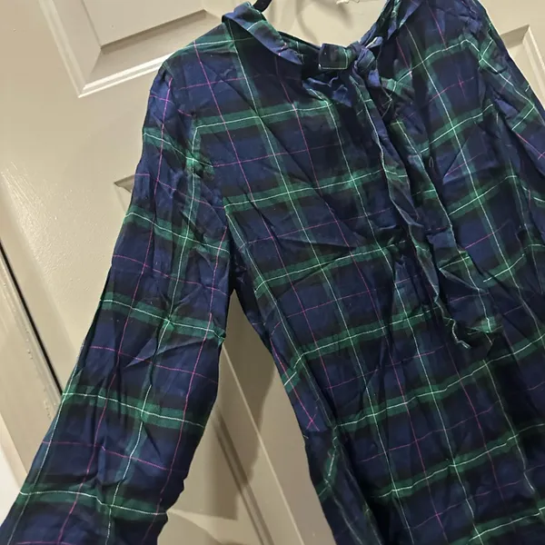 Plaid Tie-Neck Dress Crown & Ivy Peasant Renaissance Era XL Boho Holiday Bow - Image 2