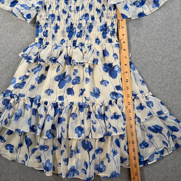 MISA Los Angeles Size Small Blue Floral Smocked Off-Shoulder Mini Dress Ruffle - Image 7