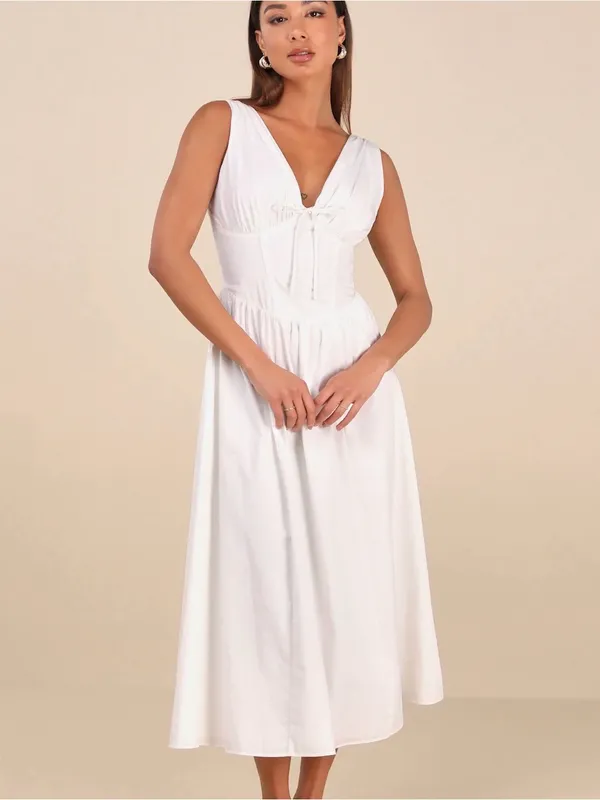 Lulus Lettie White Poplin Plunge Neck Midi Dress - Image 2