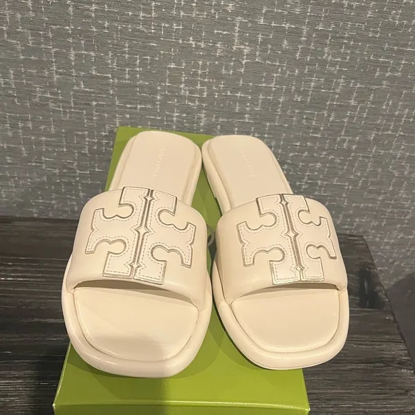 NIB TORY BURCH DOUBLE T SPORT LOGO SLIDE SHOE light cream gold 7.5 - Image 7