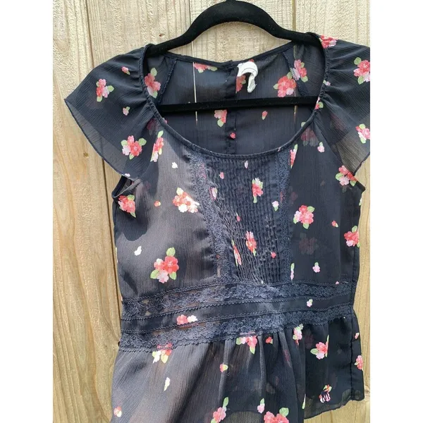 Abercrombie & Fitch Fluttery Floral Airy Short Sleeve Blouse Shirt Xs‎ Navy - Image 4