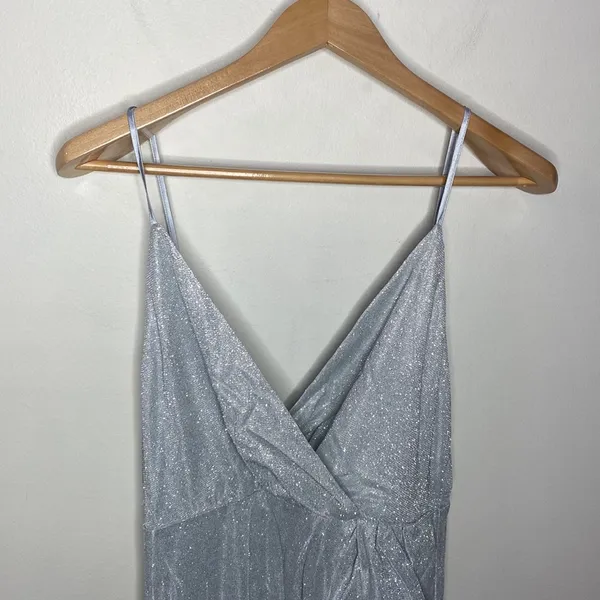 Lulus Keep Your Shine On Light Grey Metallic Faux-Wrap Maxi Dress size M - Image 5