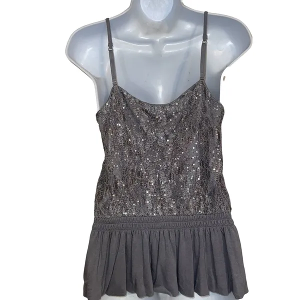 EXPRESS Gray Sequin‎ and Lace Peplum Cami Tank Top Size Small - Image 5