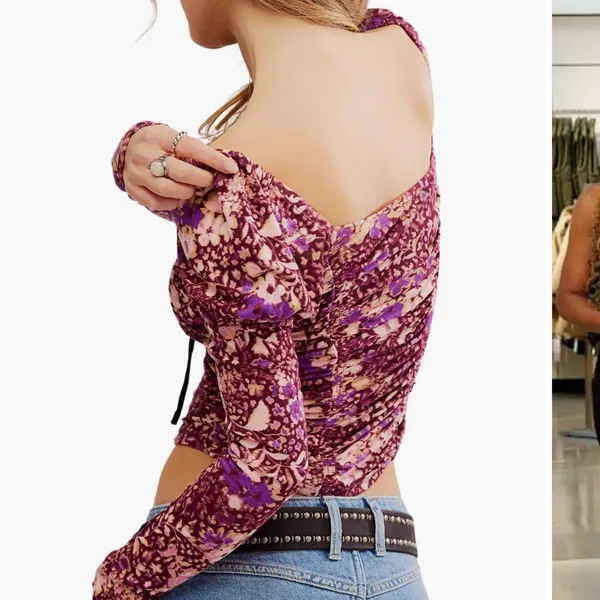 Free People Boho Sweetheart Feminine Purple Floral Long Sleeve Top NWT Medium - Image 5