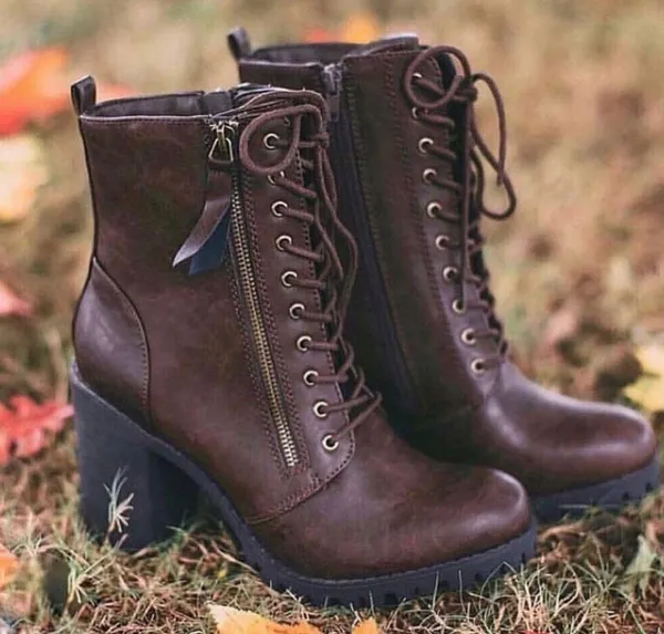 Soda Brown Lace Up Combat Boots - Image 2